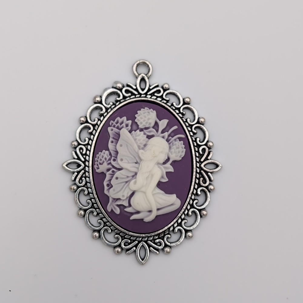 Vintage Style Fairy Cameo Pendant Purple Silver Tone Floral Whimsigoth Jewelry